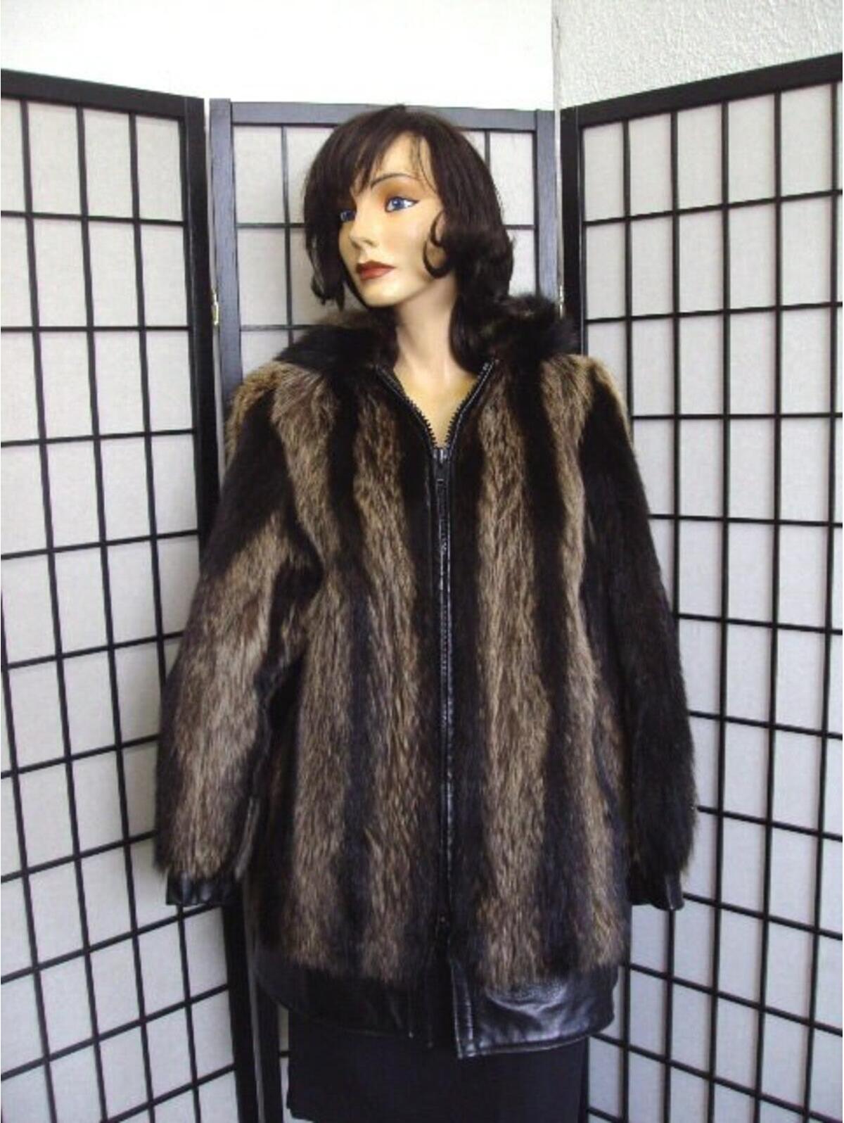 Excellent Natural Raccoon Raccoon Fur Jacket Coat W/ Hood Women Woman 6 Small